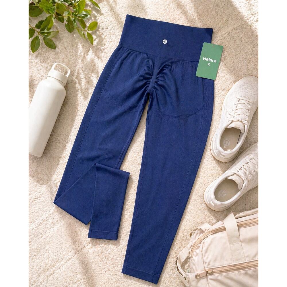 Halara Blue Seamless Scrunch Butt Leggings Size L 7/8 High Waist Contour Gym
